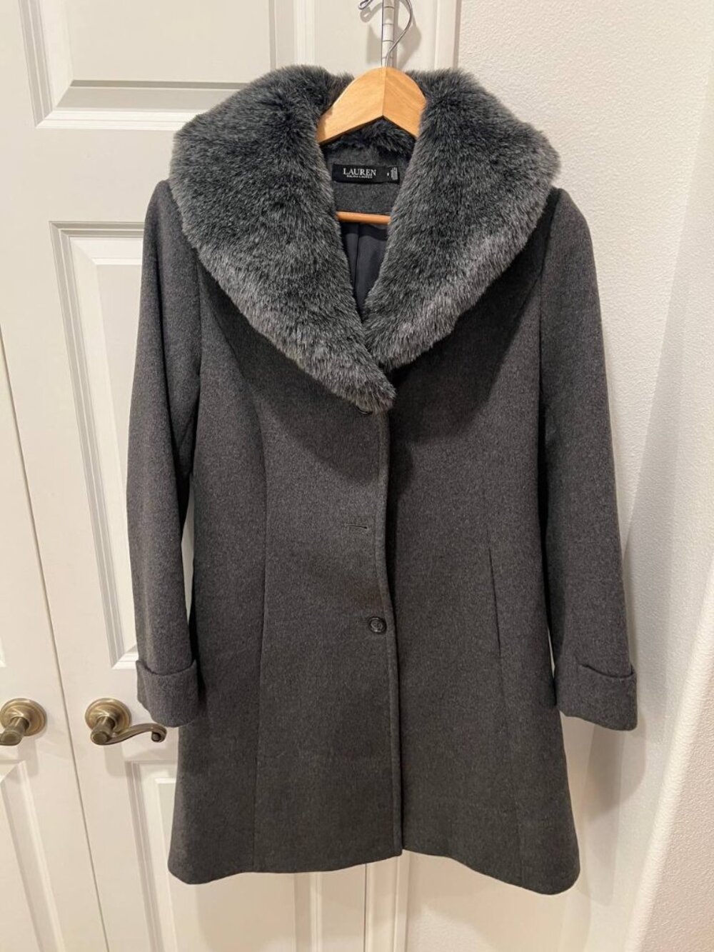 Lauren Ralph Lauren Women’s Faux- Fur Trim Grey Walker Coat